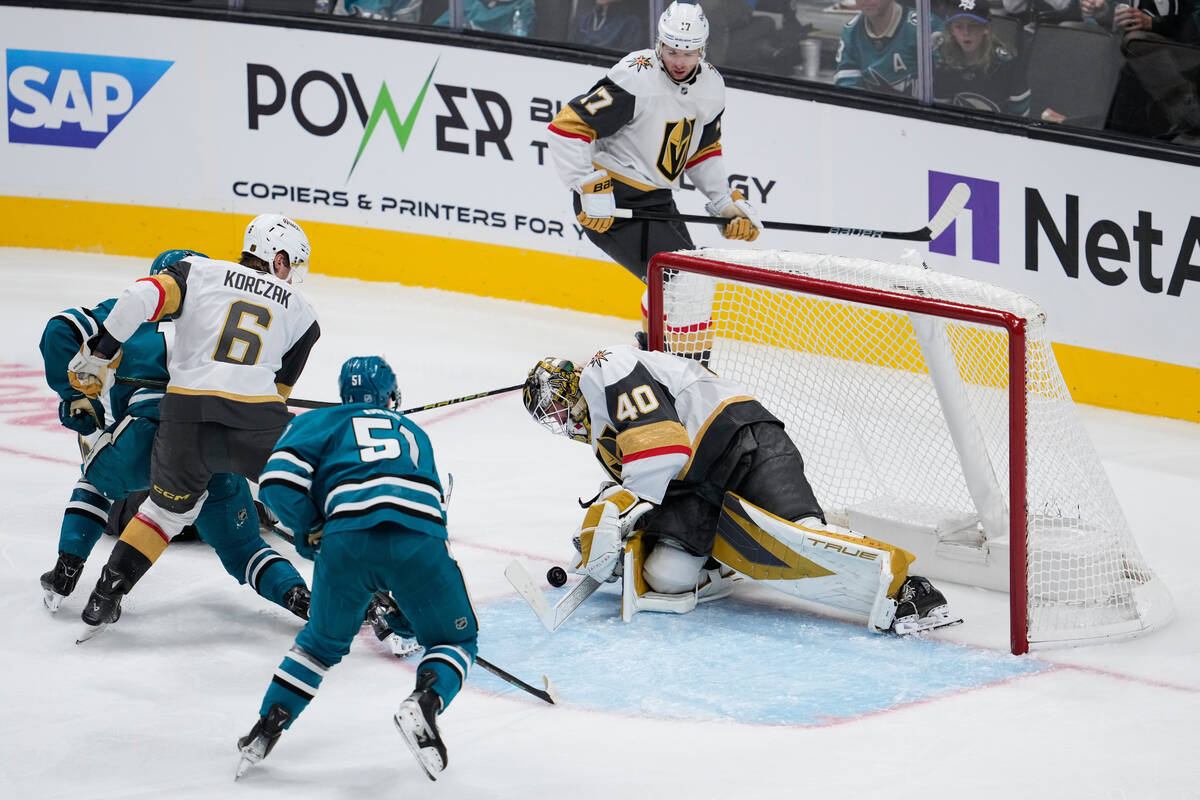 Vegas Golden Knights goaltender Akira Schmid (40) blocks a shot during the third period of an N ...