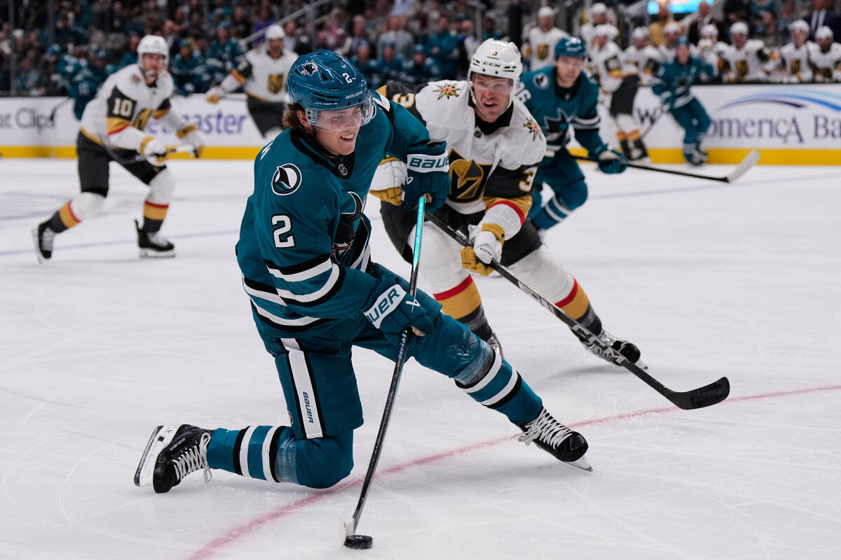 San Jose Sharks center Will Smith (2) shoots during the first period of an NHL hockey game agai ...