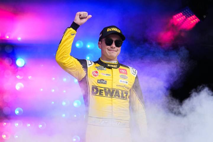 Christopher Bell gestures prior to a NASCAR Cup Series auto race at Charlotte Motor Speedway, S ...