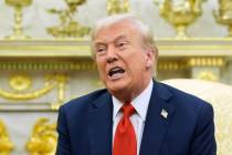 President Donald Trump speaks in the Oval Office at the White House, Thursday, Oct. 9, 2025, in ...