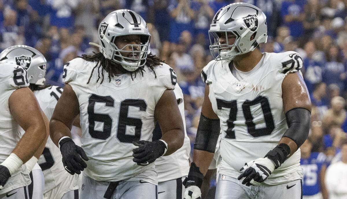 Raiders guard Dylan Parham (66) speaks with offensive tackle Stone Forsythe (70) during the fir ...