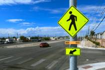 A crosswalk sign is seen on Boulder Highway at Whitney Avenue Friday, October 10, 2025, in Las ...