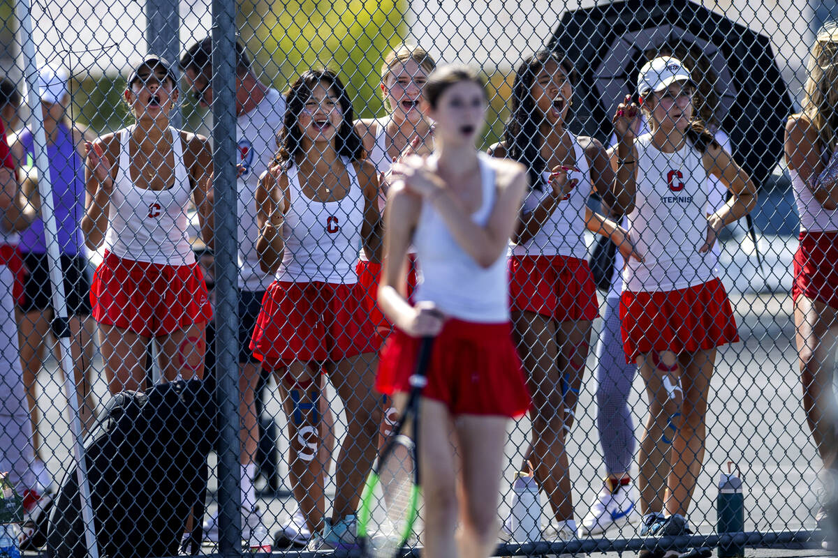 Coronado players cheer on their players against Palo Verde during the 5A girls tennis team stat ...
