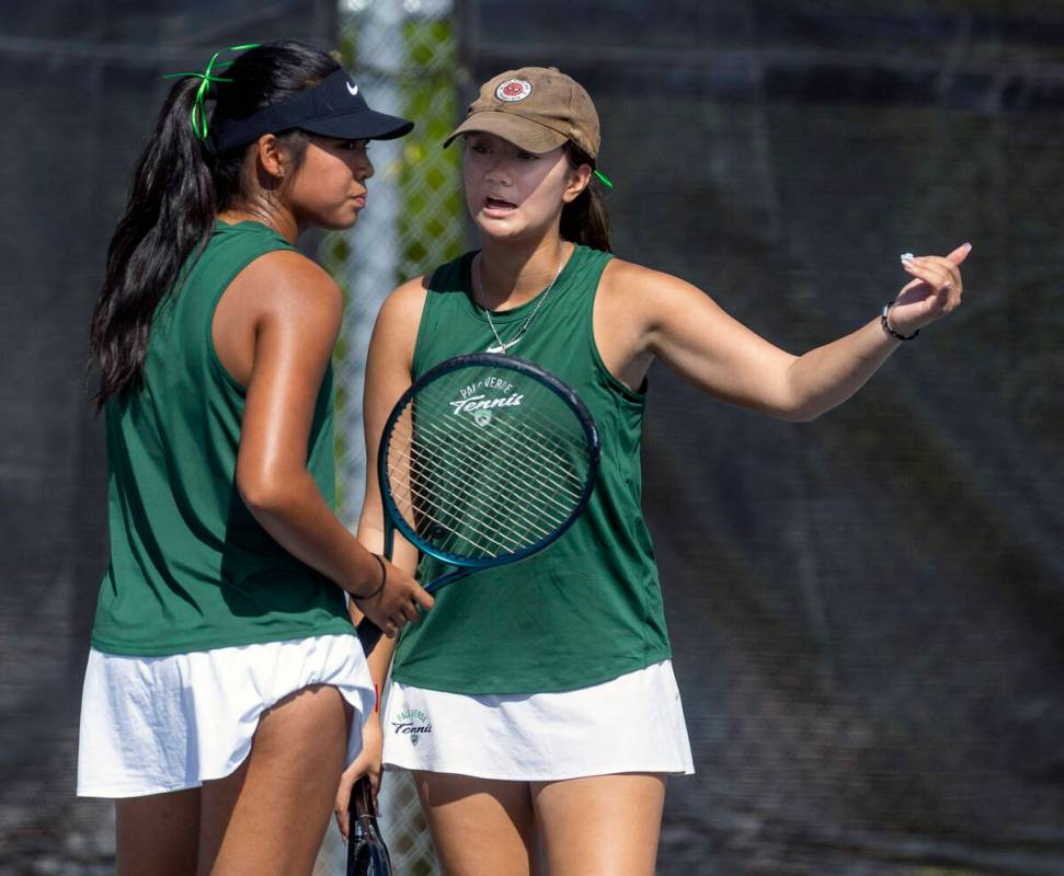 Palo Verde's Brooke Rivera and Elizabeth Gong chat in their double's match to Coronad ...