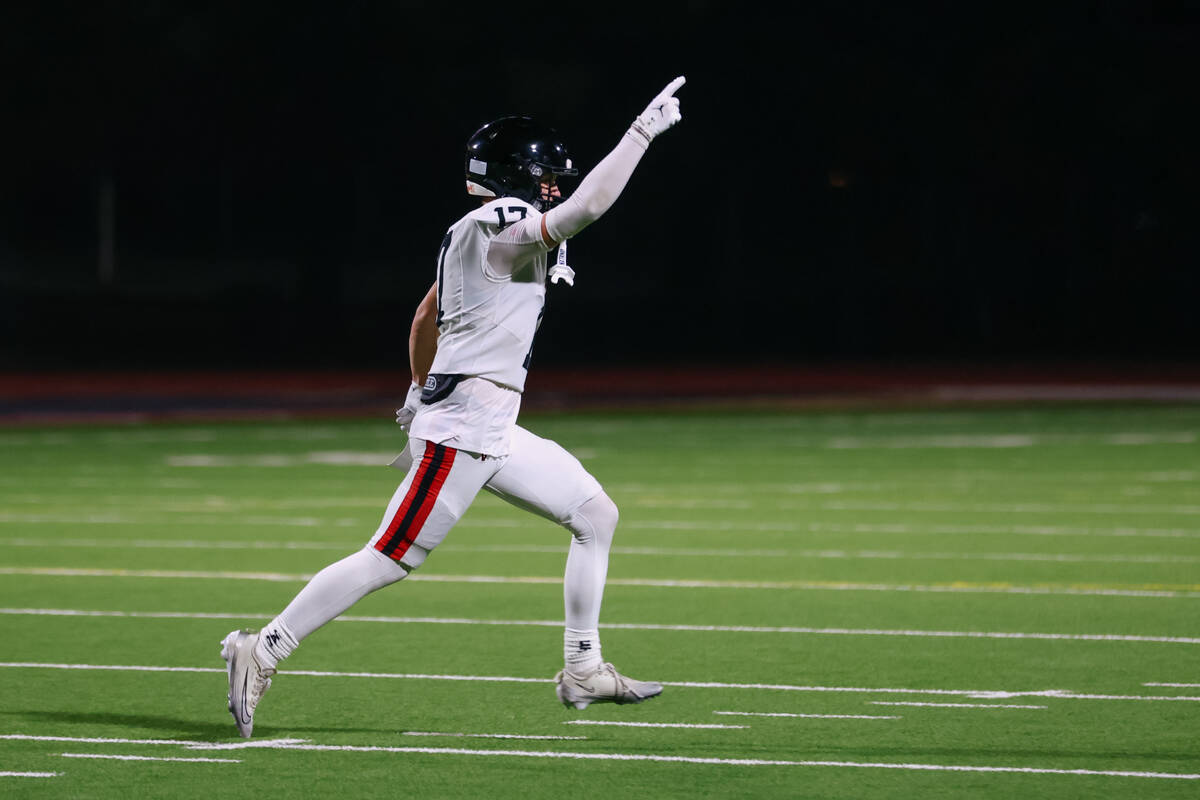 Las Vegas’ wide receiver Porter Wells (17) celebrates making a touchdown during a footba ...