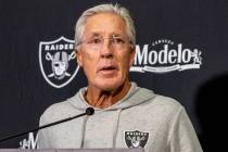 Raiders head coach Pete Carroll takes questions from the media during a news conference at the ...