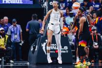 Aces center A'ja Wilson (22) celebrates drawing a foul during game four of a WNBA finals m ...