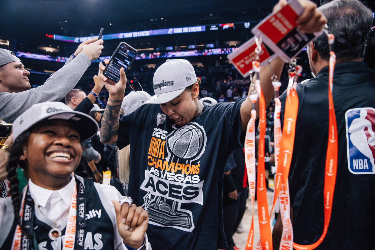 Aces forward Kierstan Bell celebrates winning the WNBA championship following game four of a WN ...