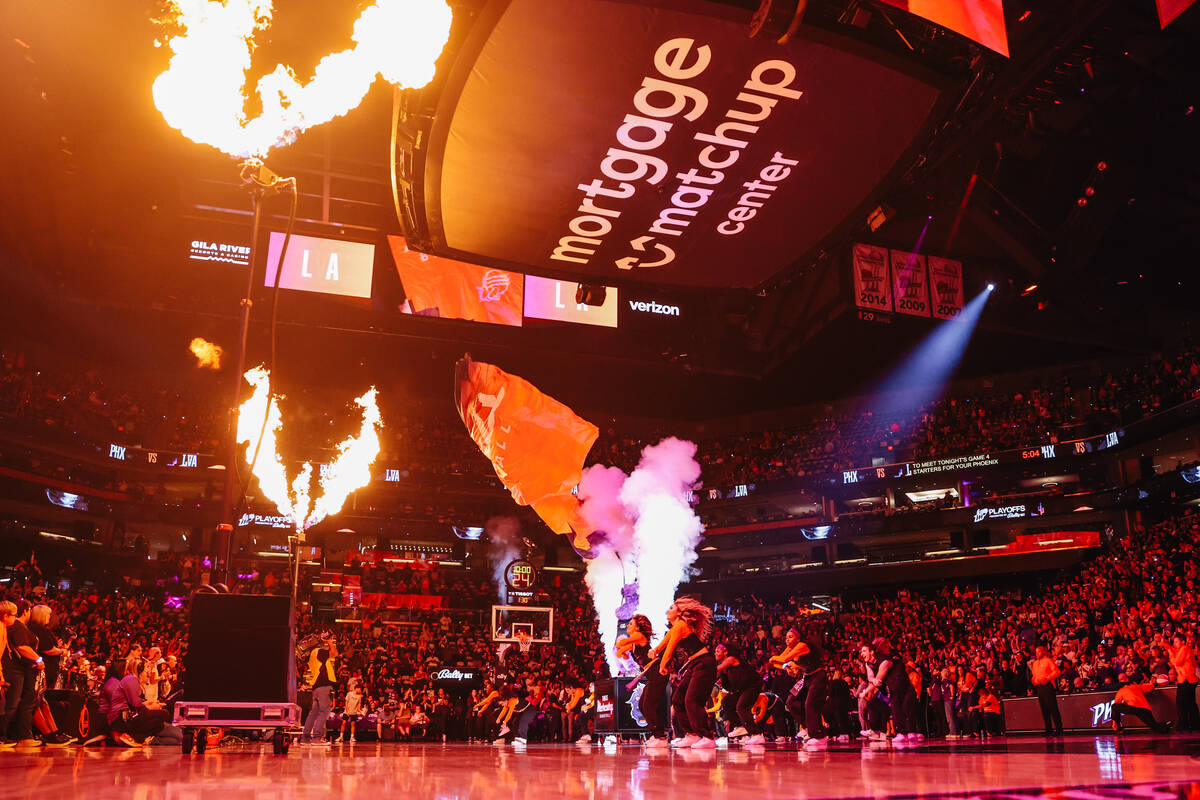 Phoenix Mercury players are introduced during game four of a WNBA finals match up between the A ...