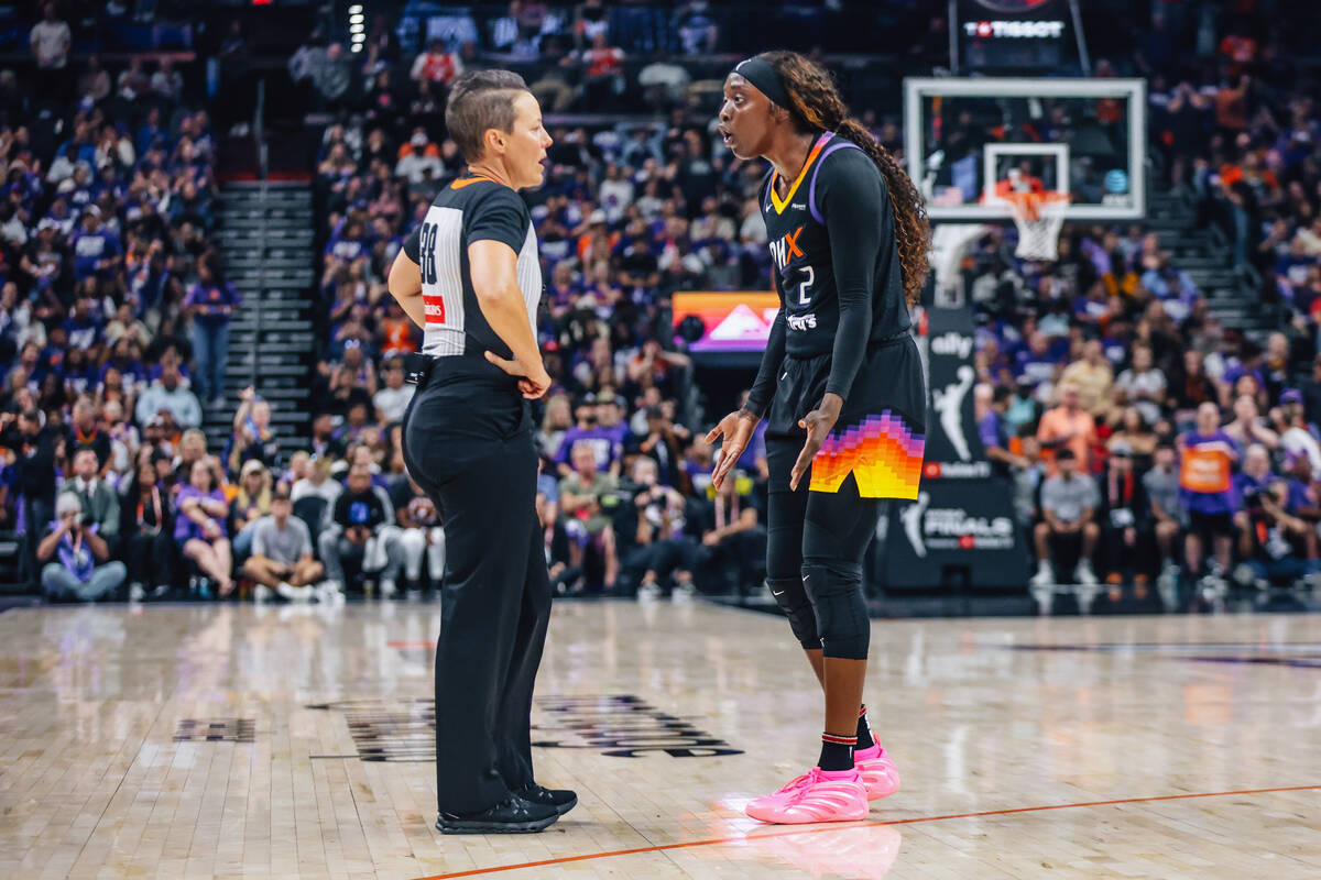 Phoenix Mercury guard Kahleah Copper (2) reacts to her head coach being ejected from the game d ...