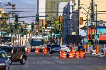 A bus makes its way eastbound on Carson Avenue as the $378 million Maryland Parkway Bus Rapid T ...
