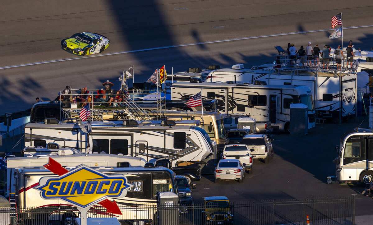 Driver Aric Almirola (19) settles into the lead during the Focused Health 302 NXS Playoff Race ...