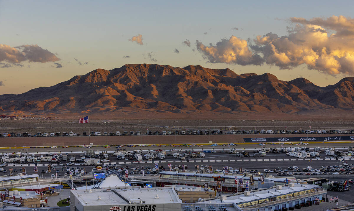 The sun sets on the track during the Focused Health 302 NXS Playoff Race at Las Vegas Motor Spe ...