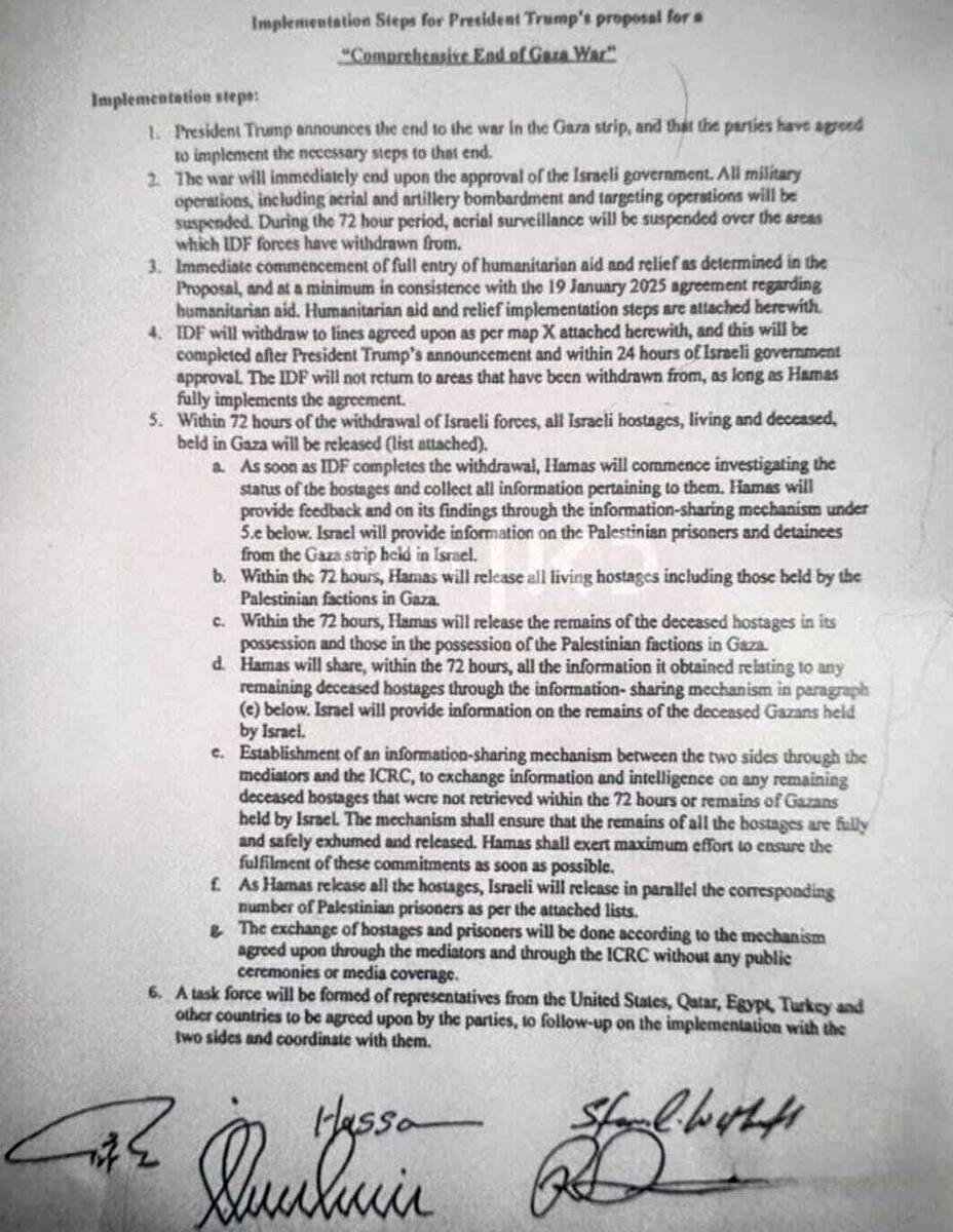 This photo shows the document that lays out the Israel-Hamas ceasefire agreement, obtained by T ...