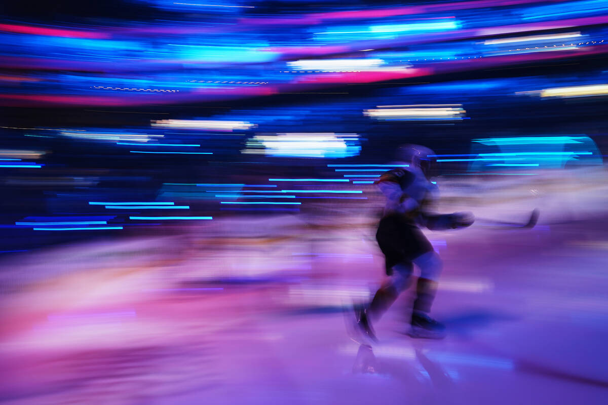 Vegas Golden Knights defenseman Brayden McNabb warms up before facing the Seattle Kraken in an ...