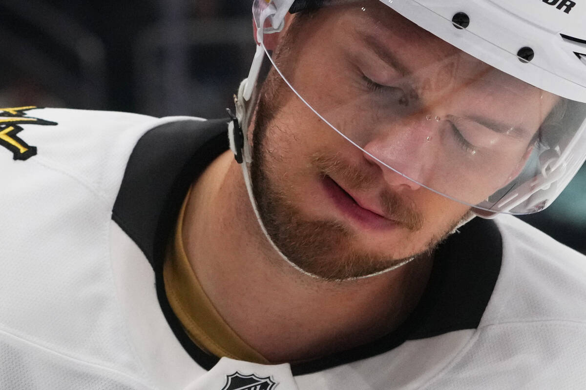 Vegas Golden Knights defenseman Jeremy Lauzon reacts after a failed shot on goal against the Se ...