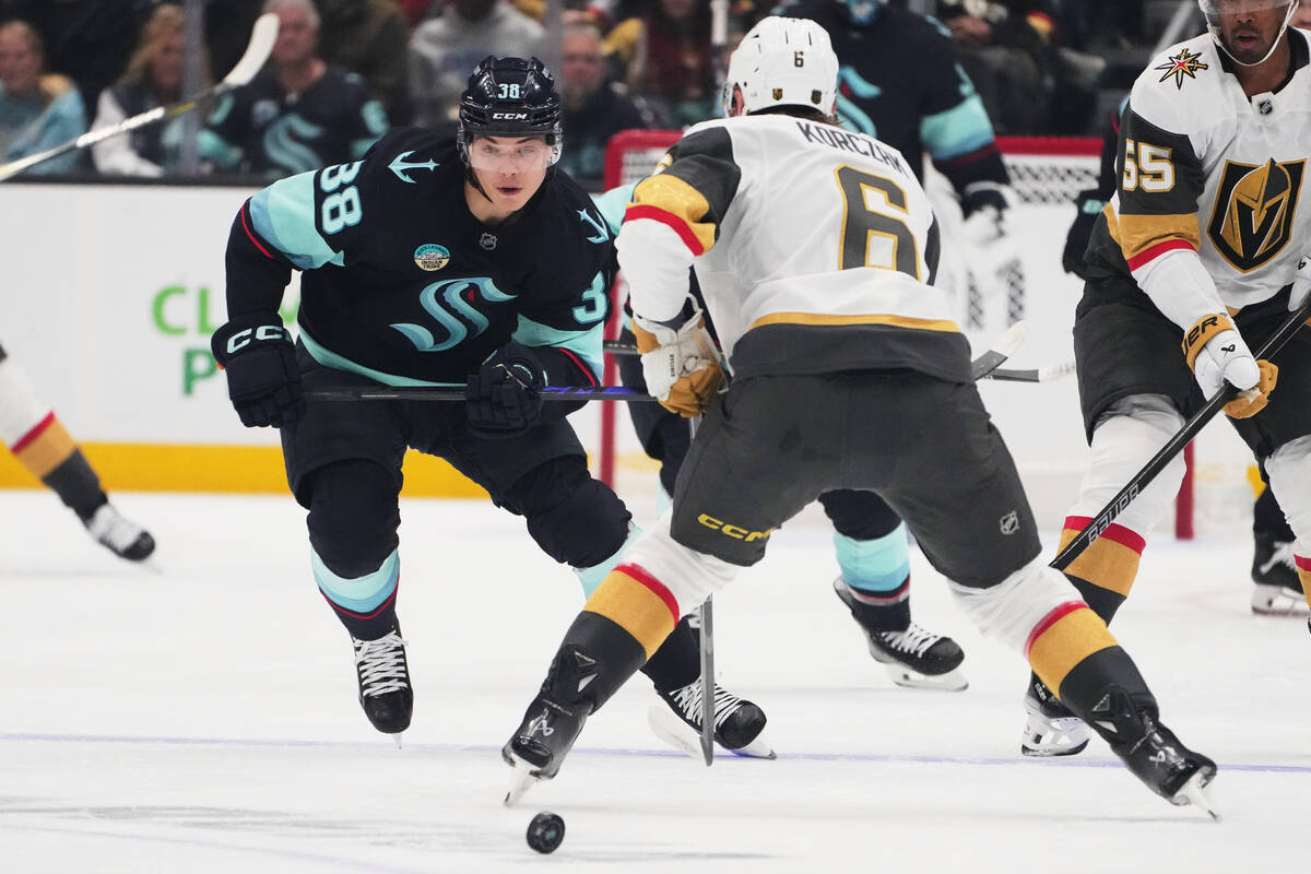 Seattle Kraken right wing Jani Nyman (38) looks on against Vegas Golden Knights defenseman Kaed ...