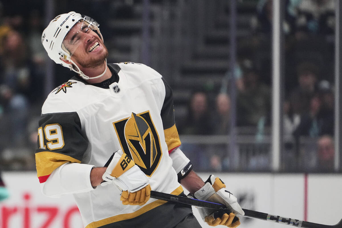 Vegas Golden Knights right wing Reilly Smith (19) reacts during the first period of an NHL hock ...