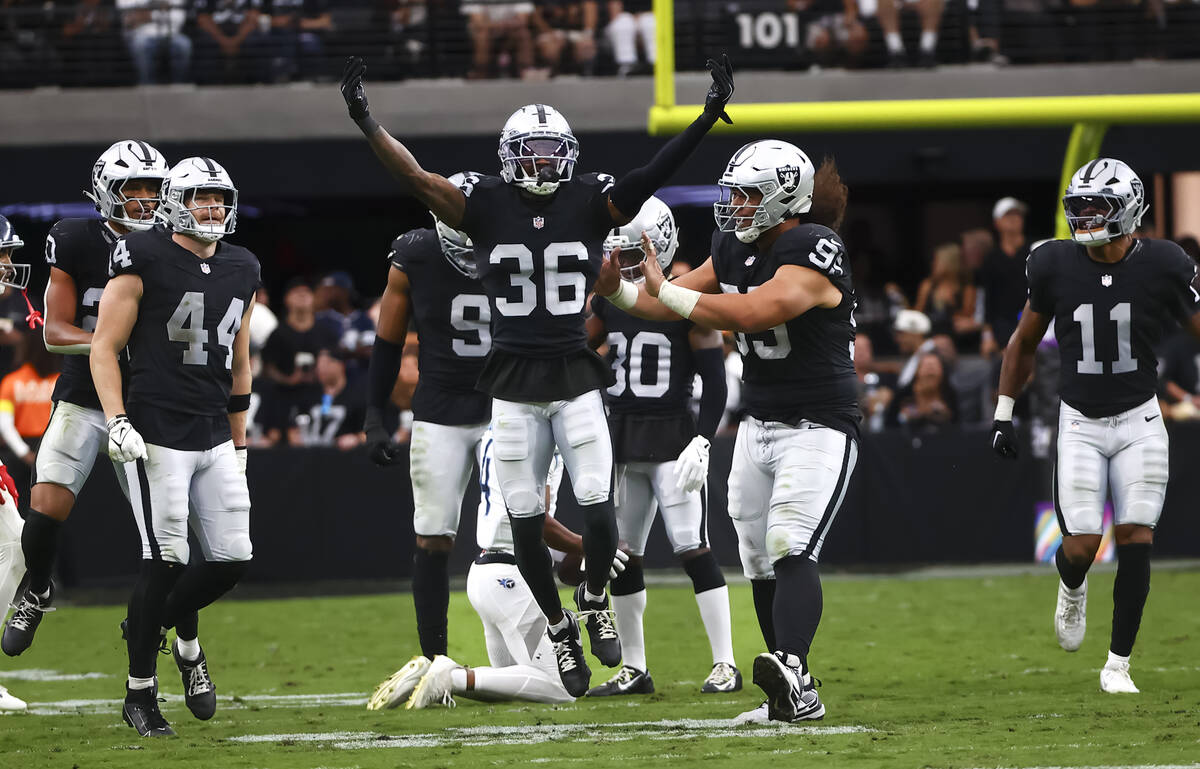 Raiders cornerback Kyu Blu Kelly (36) celebrates after a play against the Tennessee Titans duri ...