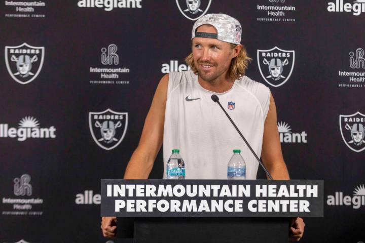 Raiders punter AJ Cole takes questions from media during a news conference after the team&#x201 ...