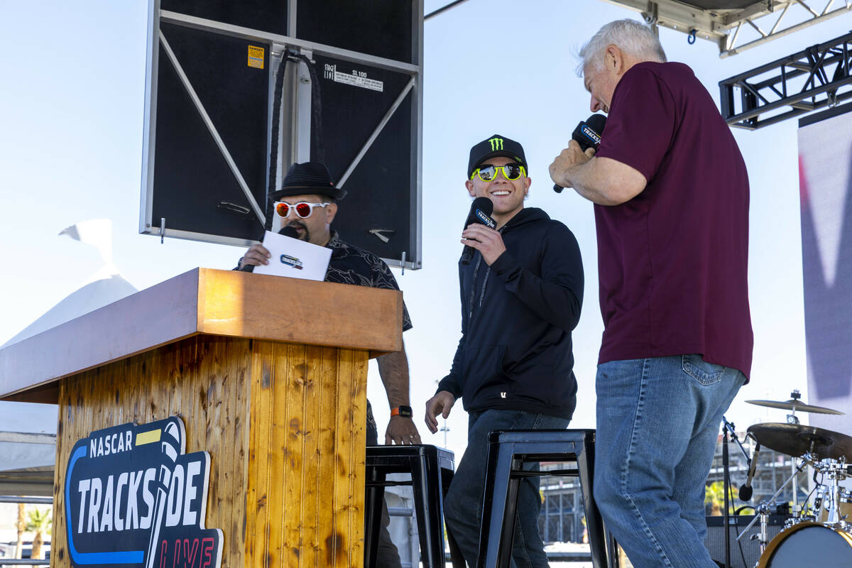 Ty Gibbs (54) is interviewed at Trackside Live In the Fan Zone before the NASCAR Cup Series Sou ...