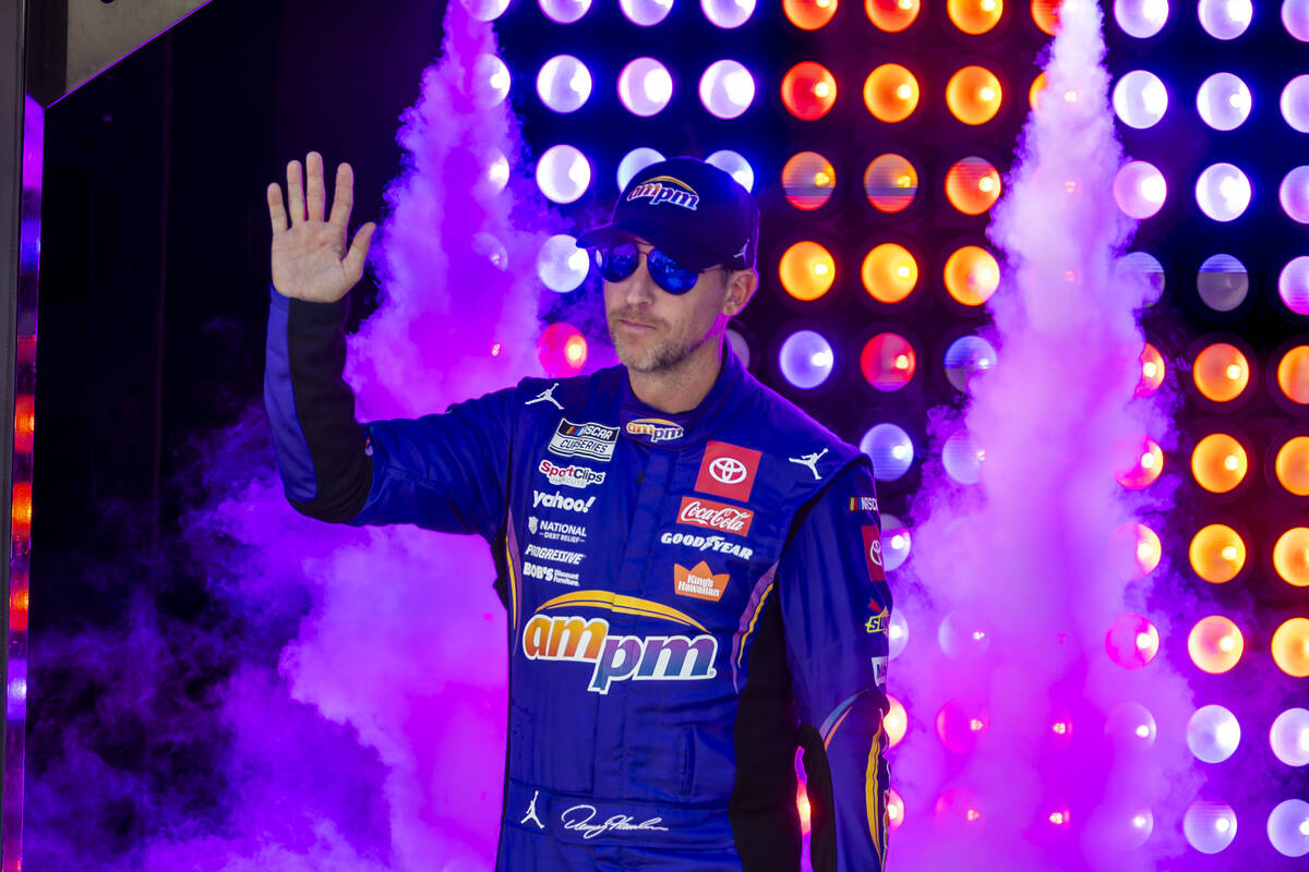 Denny Hamlin (11) is announced on stage for the NASCAR Cup Series South Point 400 race at Las V ...