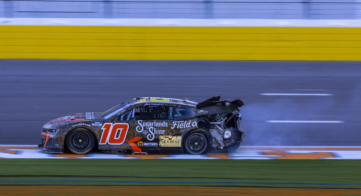 Ty Dillon (10) works his way to the inside of the track after a crash during the NASCAR Cup Ser ...
