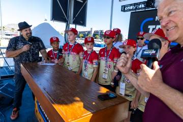 The Summerlin South Little League team is interviewed at Trackside Live In the Fan Zone before ...