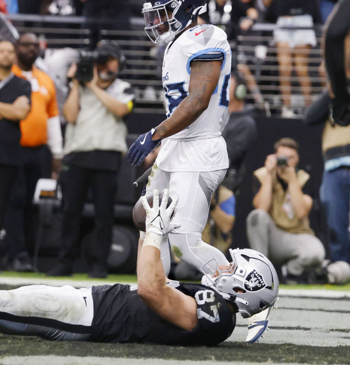 Raiders tight end Michael Mayer (87) celebrates his touchdown during the first half of an NFL g ...