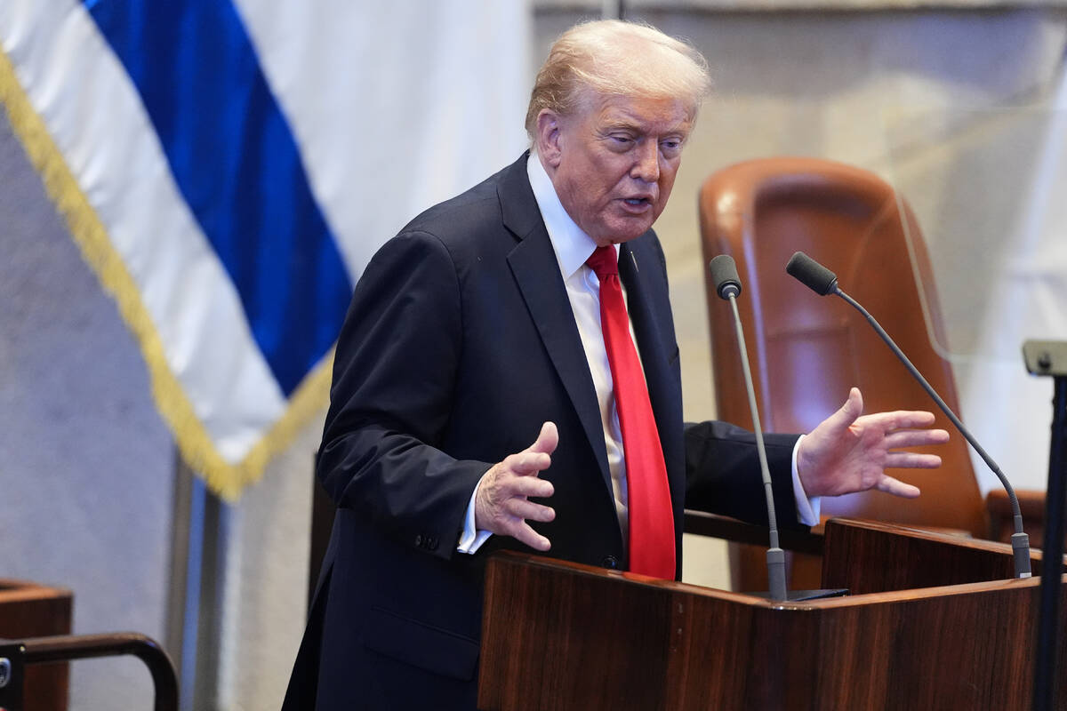 President Donald Trump speaks to the Knesset, Israel's parliament, Monday, Oct. 13, 2025, ...