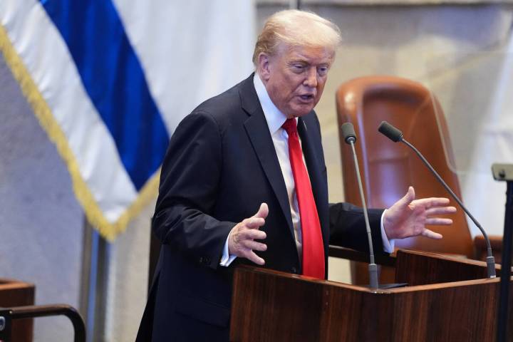 President Donald Trump speaks to the Knesset, Israel's parliament, Monday, Oct. 13, 2025, ...