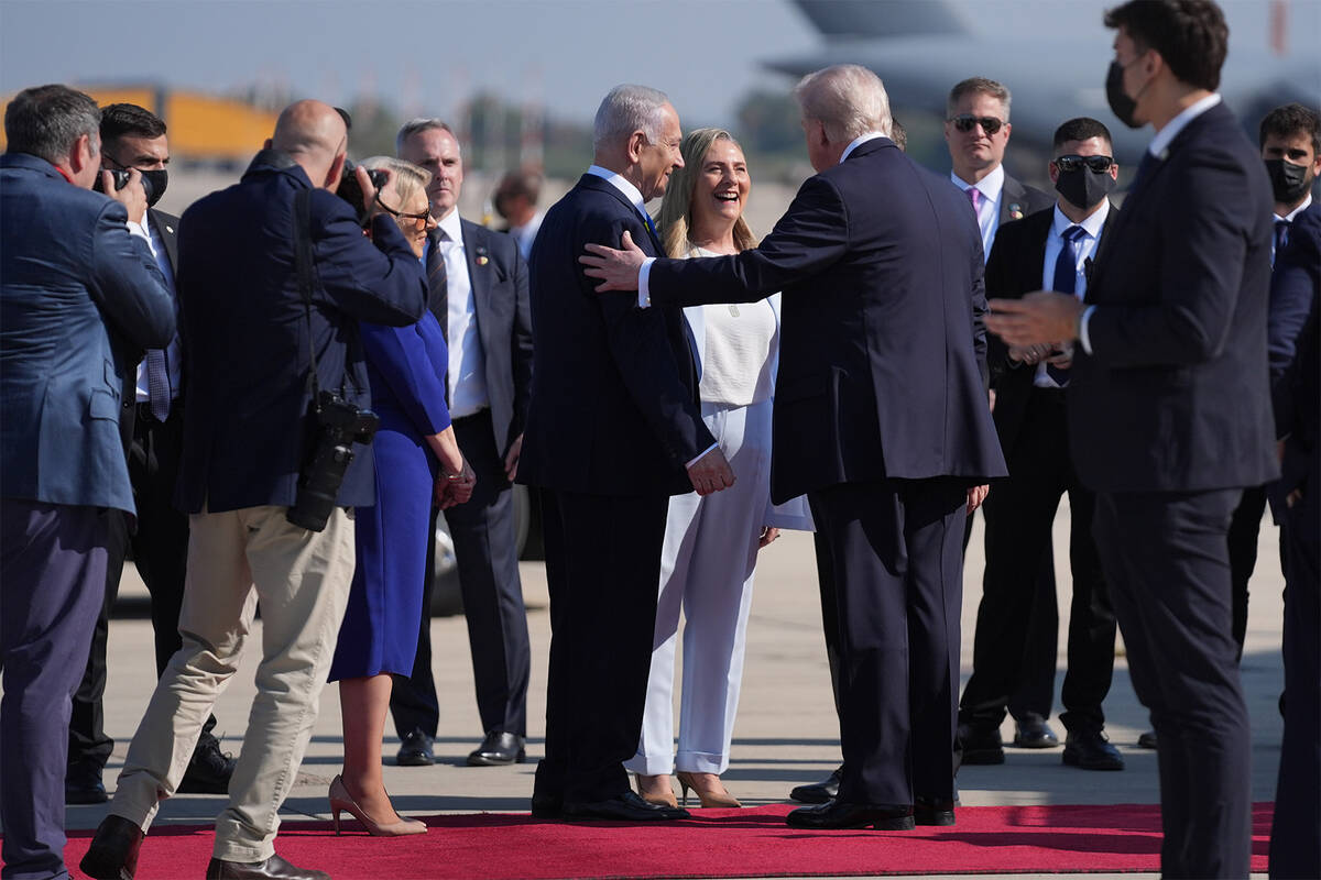 President Donald Trump greets Israel's Prime Minister Benjamin Netanyahu as Sara Netanyahu, thi ...