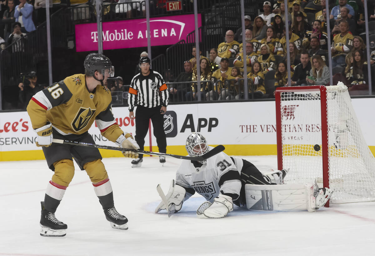 Golden Knights right wing Pavel Dorofeyev (16) scores past Los Angeles Kings goaltender Anton F ...