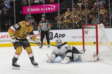 Golden Knights right wing Pavel Dorofeyev (16) scores past Los Angeles Kings goaltender Anton F ...