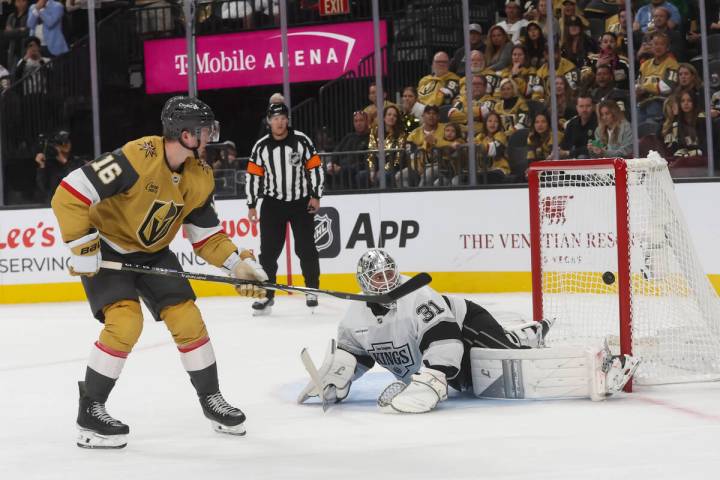 Golden Knights right wing Pavel Dorofeyev (16) scores past Los Angeles Kings goaltender Anton F ...