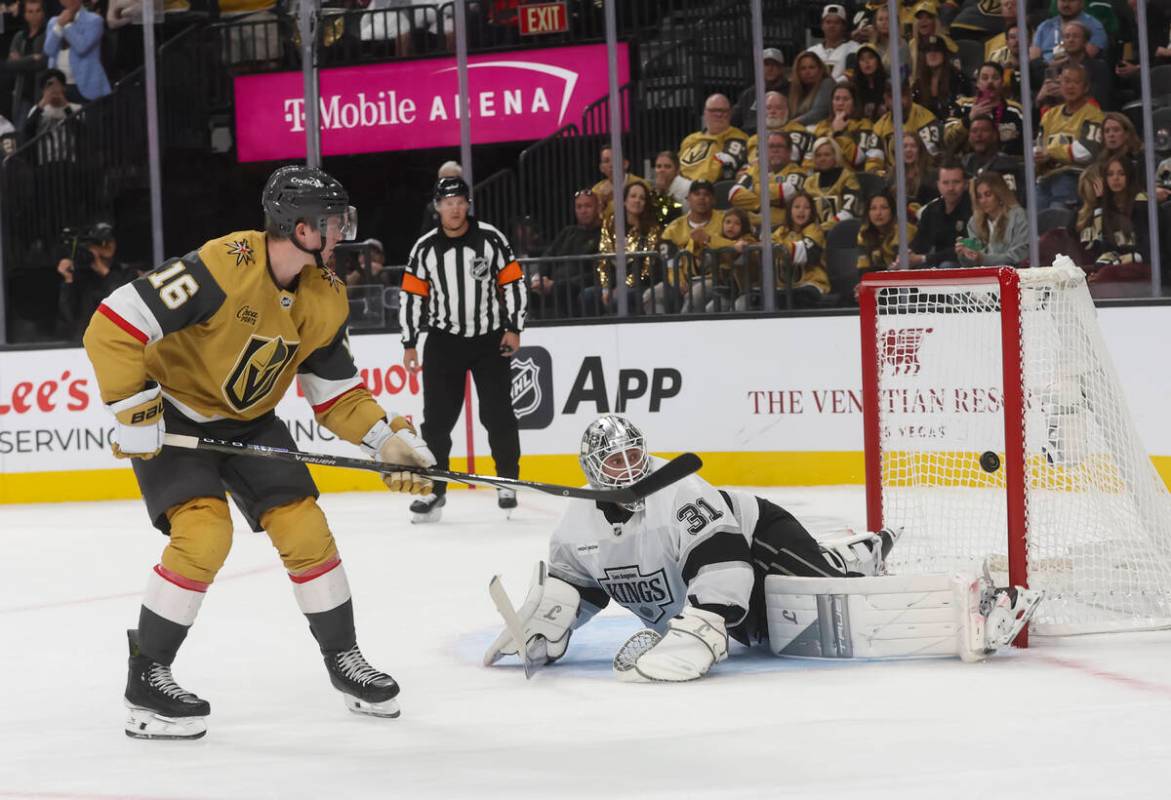 Golden Knights right wing Pavel Dorofeyev (16) scores past Los Angeles Kings goaltender Anton F ...