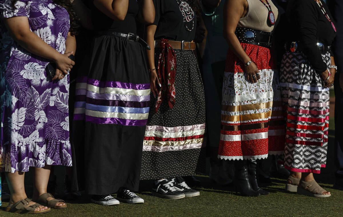 Members of the Native Voters Alliance Nevada, tribal leaders and community members listen to a ...