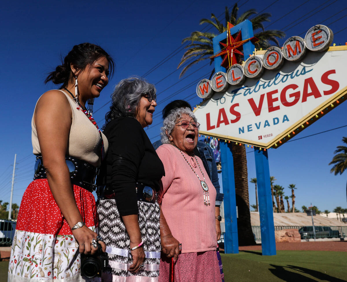 Marissa Duncan, left, Janet Myers and Lavinia Myers socialize during the Indigenous Peoples Day ...