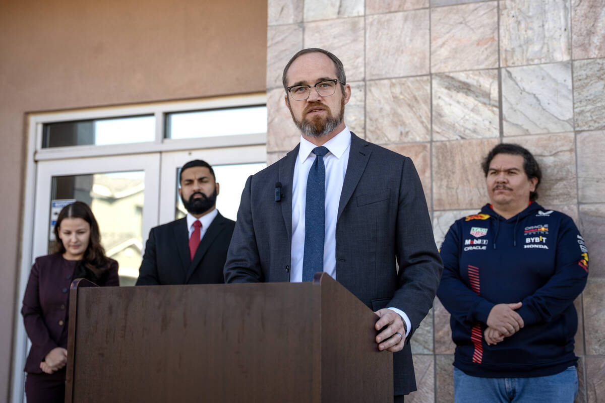 Christopher Peterson, the Legal Director for the ACLU of Nevada, speaks to the media about a cu ...