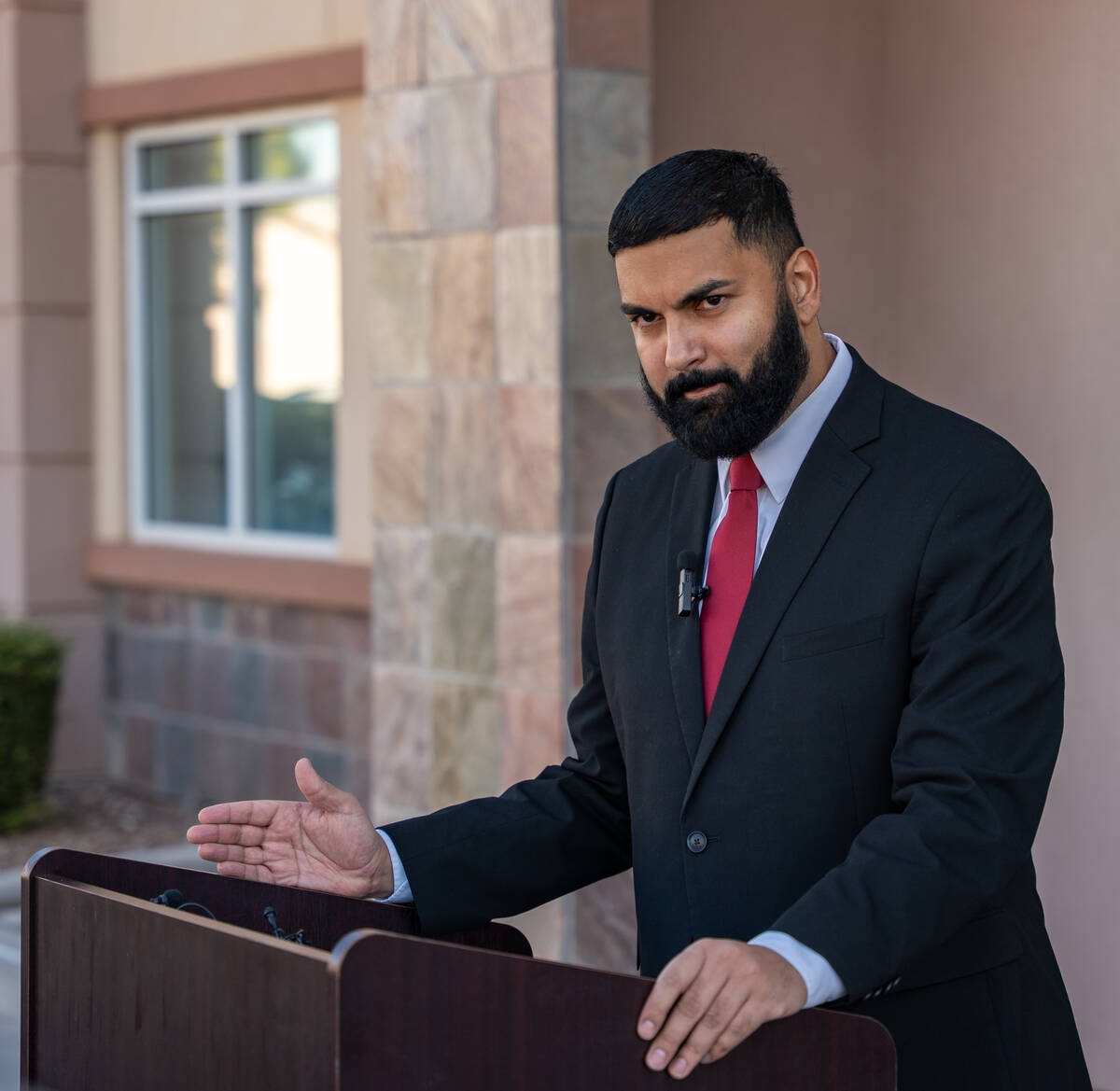 Executive Director of the ACLU of Nevada, Athar Haseebullah, speaks to the media about a curren ...