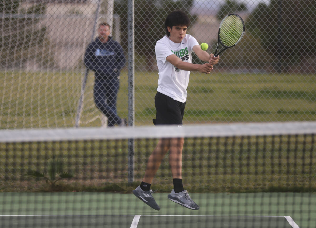 Palo Verde’s Kyle Larong competes in doubles against Faith Lutheran for the 5A boys tenn ...