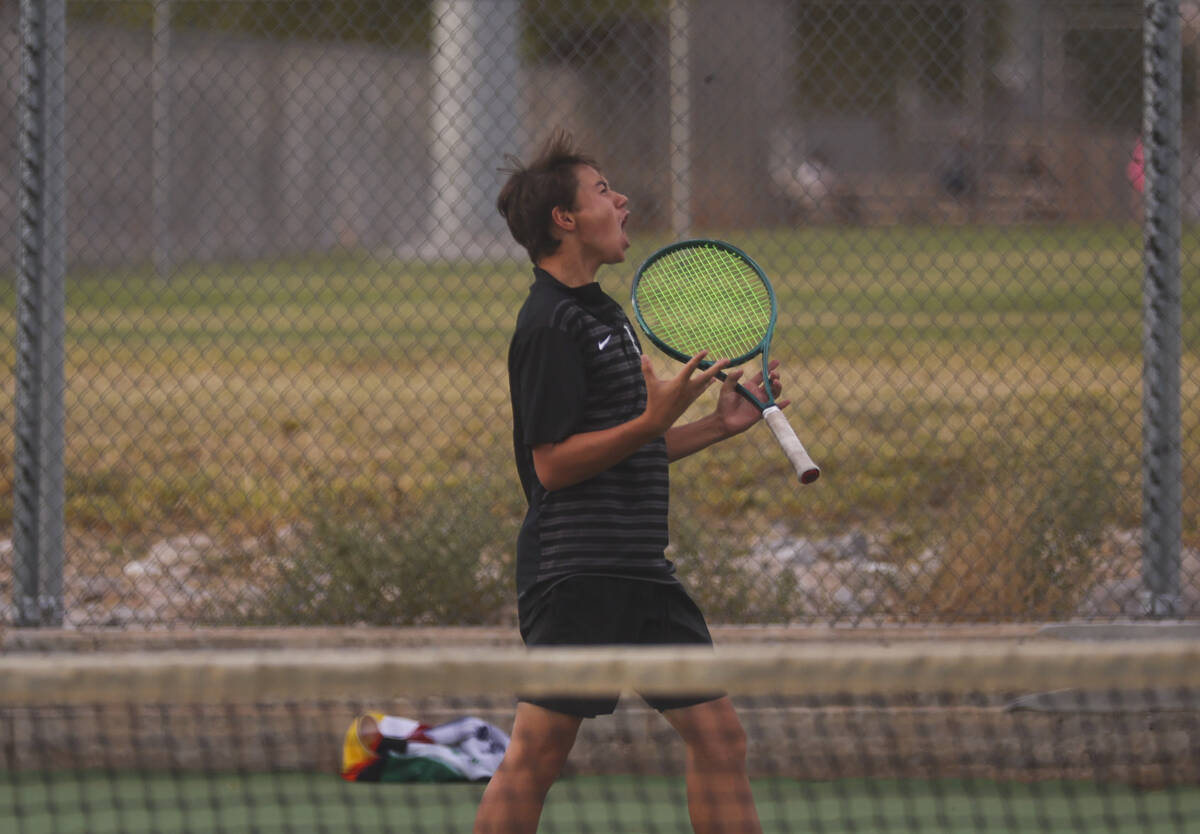 Faith Lutheran's Tyson Young celebrates while competing against Palo Verde for the 5A boys ...