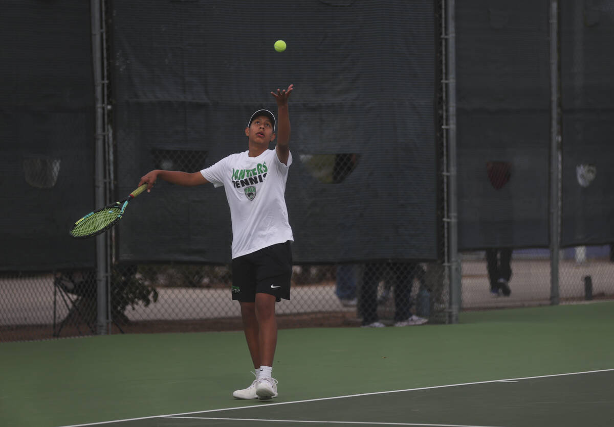 Palo Verde’s Eli Hernandez competes in doubles against Faith Lutheran for the 5A boys te ...