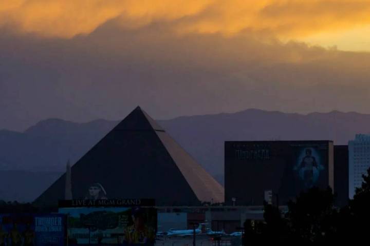 The Luxor is seen after high winds kicked up dust in Las Vegas in 2017. (Chase Stevens/Las Vega ...