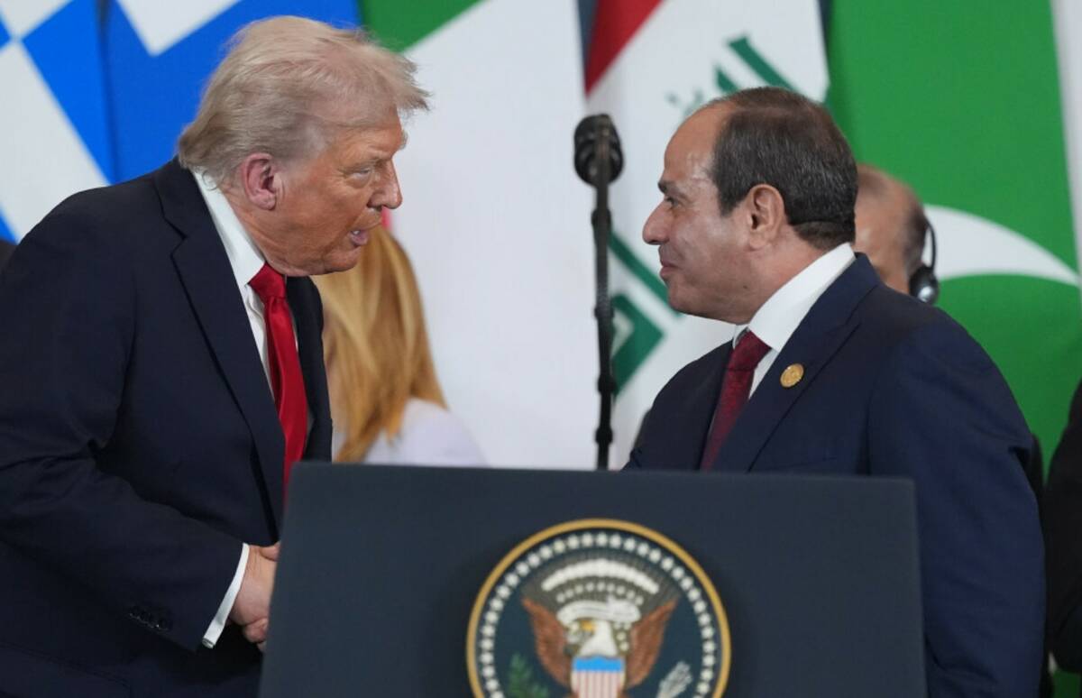 President Donald Trump greets Egypt's President Abdel-Fattah el-Sissi speaks during a summit to ...