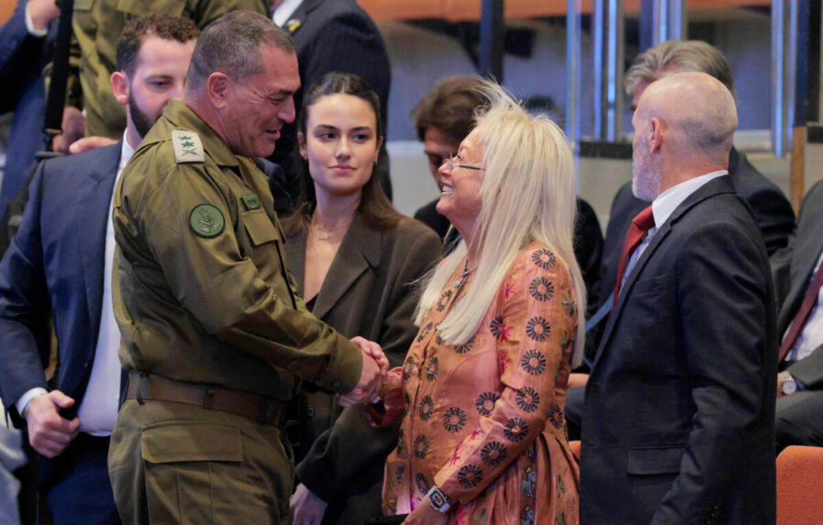 IDF chief Eyal Zamir arrives and speaks with Miriam Adelson before President Donald Trump is du ...