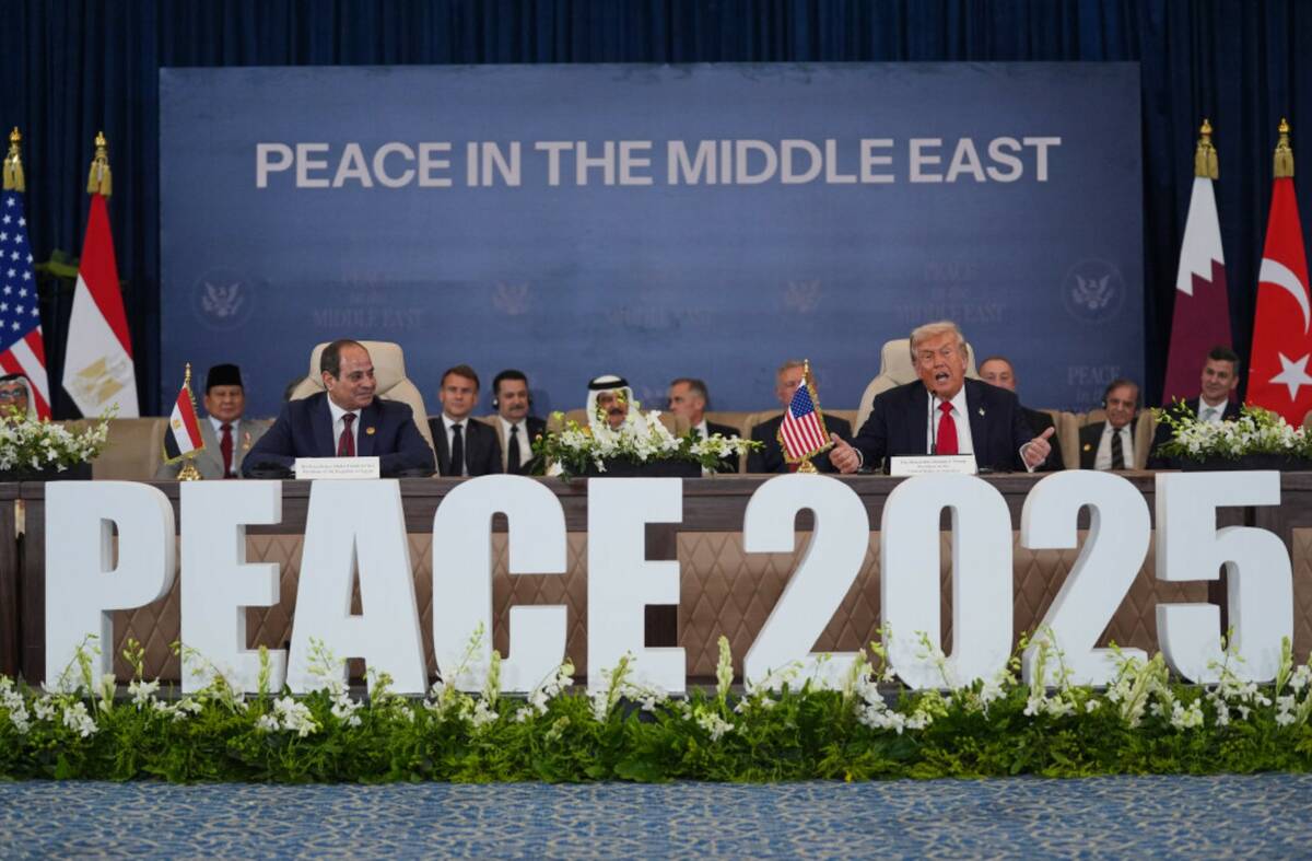 President Donald Trump speaks during a summit to support ending the more than two-year Israel-H ...