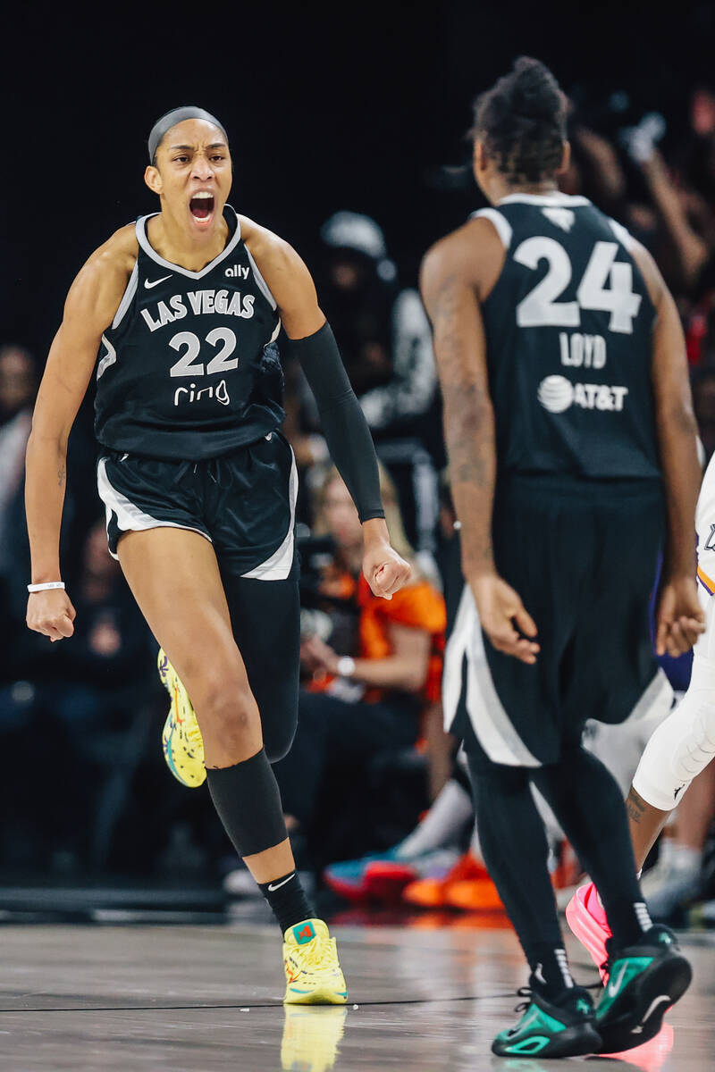 Aces center A'ja Wilson (22) celebrates during game two of of a WNBA finals game between t ...