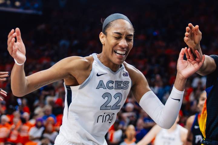 Aces center A'ja Wilson (22) reacts to losing the ball out of bounds during game three of ...