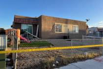 Police investigate a homicide Tuesday, Oct. 14, 2025, on the 5300 block of Cheyenne Avenue in L ...